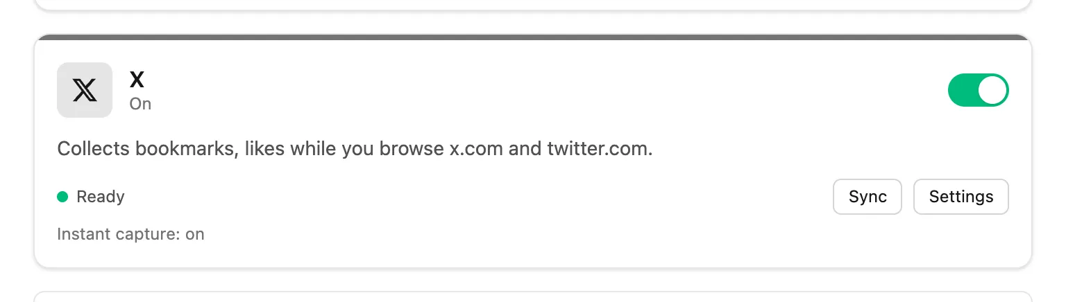 A site card in settings with its switch, Sync and Settings buttons, and the line Instant capture: on.
